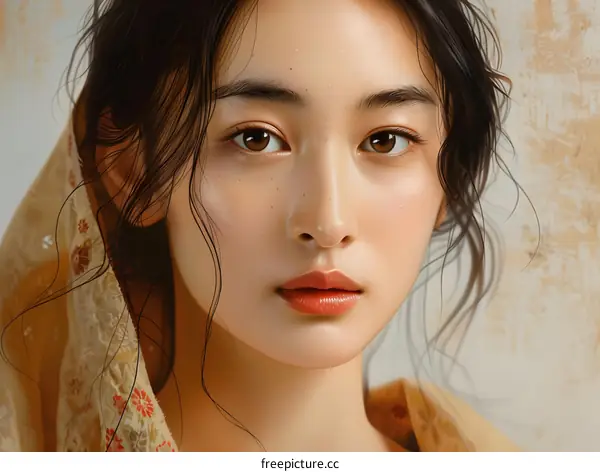 portrait of a beautiful asian woman with brown hair and brown eyes