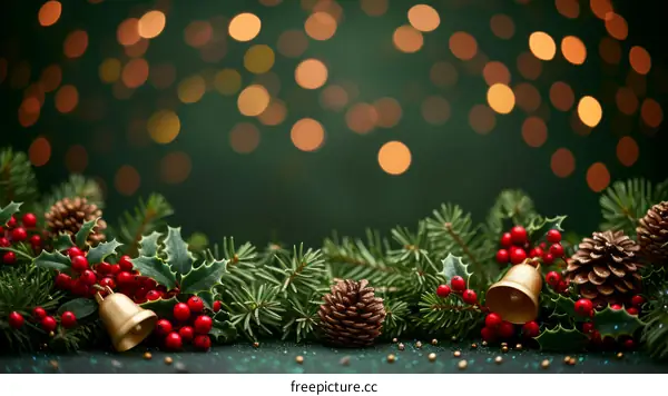 Christmas background with golden bells, holly, pine cones and fir branches
