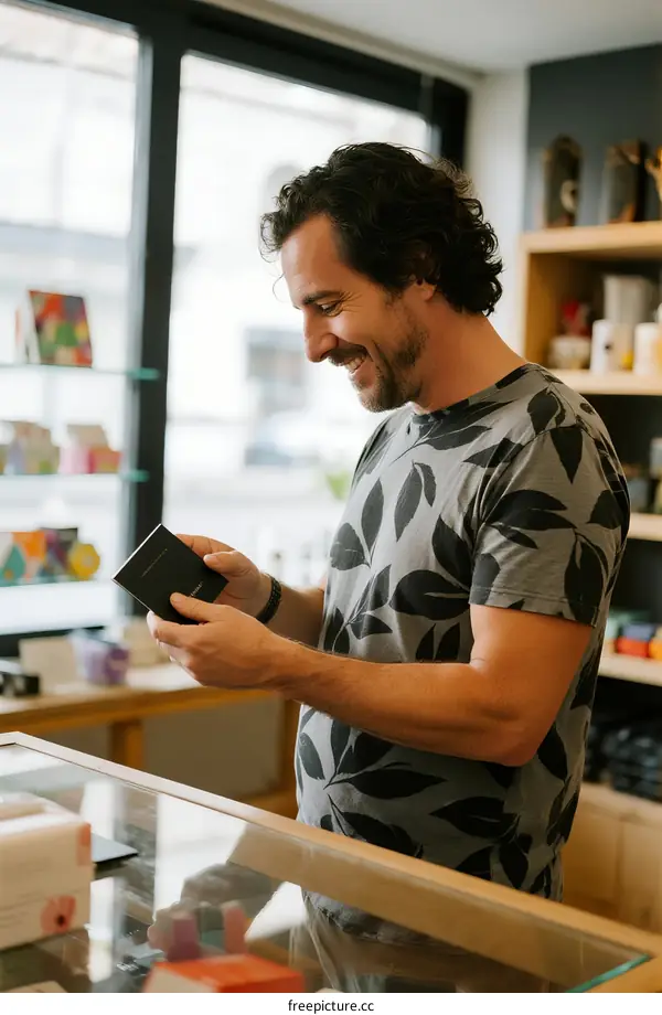 Man holding small black object in hands in store