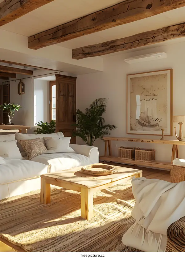 A modern living room with a sofa, a coffee table, a rug, and some plants