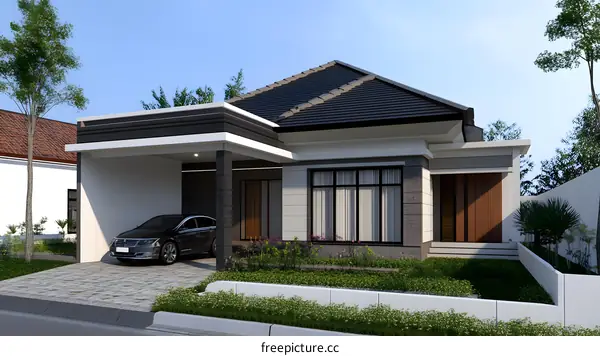 Modern Home Design With Black Roof And Car