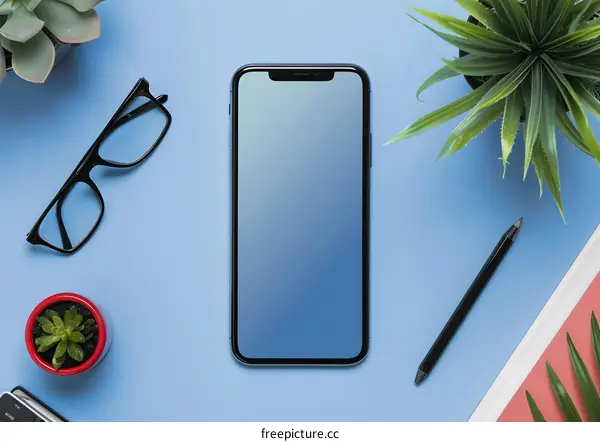 Top View Flat Lay of Smartphone with Office Supplies on a Blue Desk