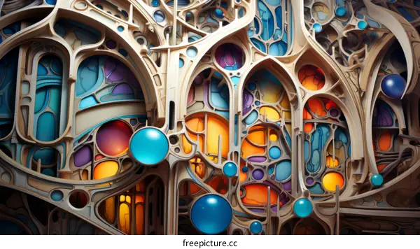 Mystical stained glass structure with glowing blue spheres
