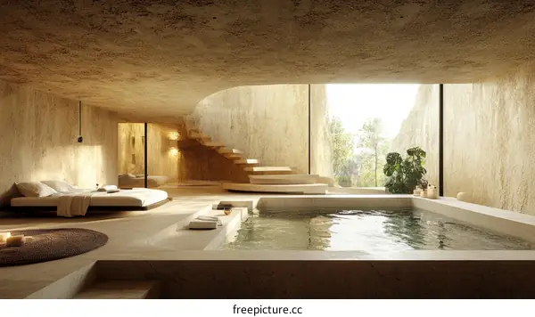 Modern Cave-Like Spa Suite with Outdoor Hot Tub