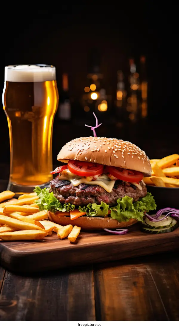 Mouthwatering Cheeseburger with Fries and Beer
