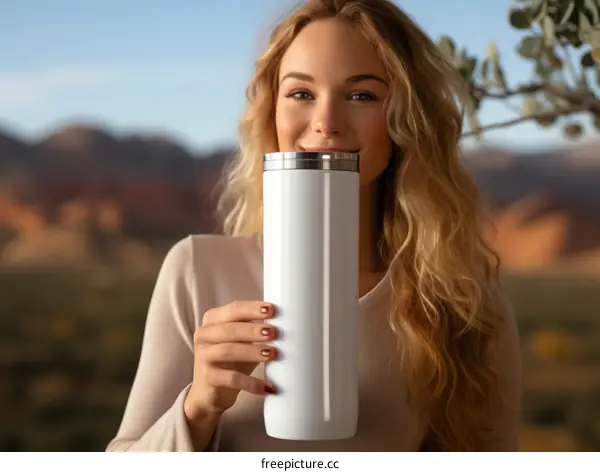 Smiling blonde woman holding a white tumbler mug with a metal lid outdoors
