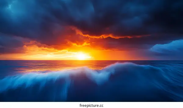 Dramatic Sunset over the Ocean Waves