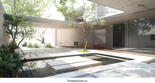Modern Minimalist Courtyard Design with a Small Pond