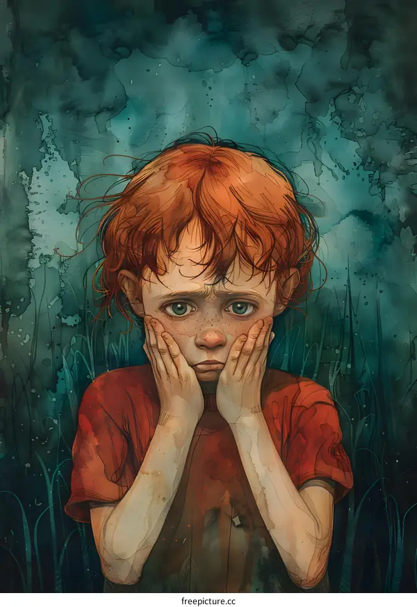 a sad looking boy with red hair and freckles