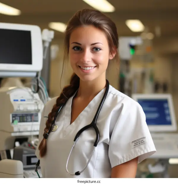 Portrait of a smiling young female nurse standing in a hospital.