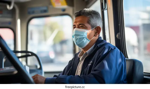 Hispanic bus driver wearing a mask