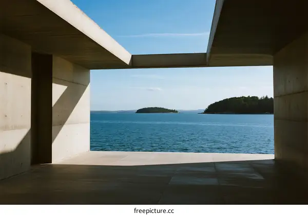 Concrete structure with a view of the sea and islands outside