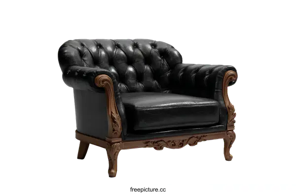 [Transparent Background PNG]Classic Black Leather Armchair with Carved Wood