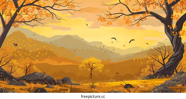 Autumn Landscape with Golden Trees and Mountains