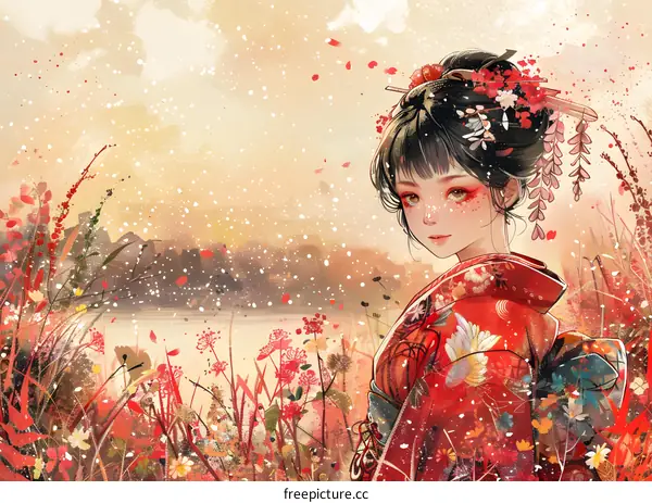 A beautiful Japanese girl in a red kimono standing in a field of flowers.