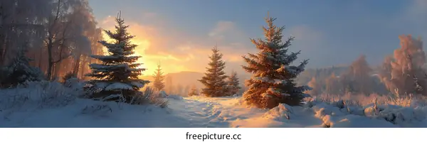 Winter Sunrise in Snowy Forest