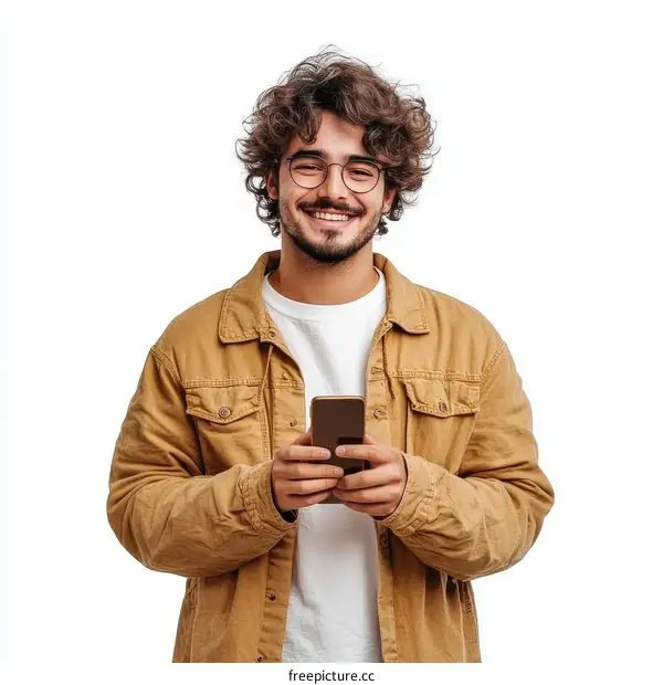 Smiling Man Using Smartphone in Studio