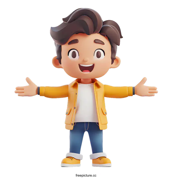 [Transparent Background PNG]Smiling 3D Cartoon Boy Wearing Yellow Jacket and Blue Jeans with Open Arms