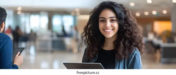 Smiling Woman Holding Tablet in Modern Office