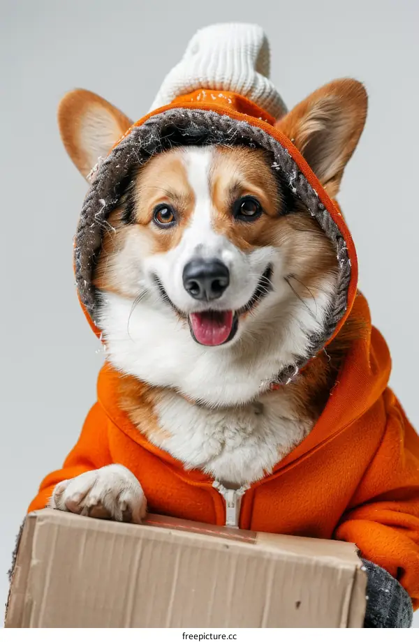 A cute corgi dog wearing an orange winter coat and hat
