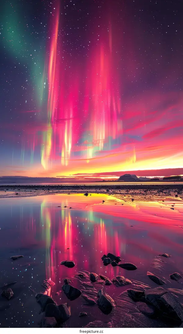 Aurora borealis or northern lights in purple pink and green colors reflecting on the water surface
