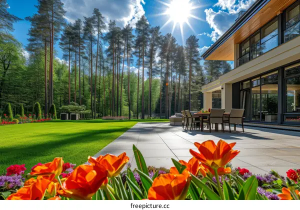 Modern house with beautiful landscape and flowers