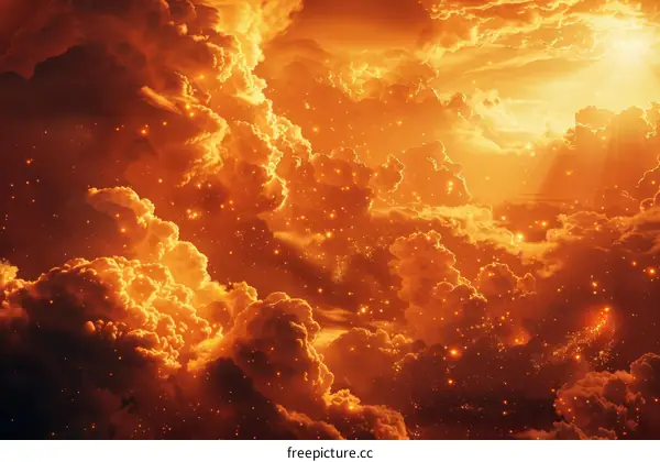 Fantasy golden cloudscape with bright shining stars and light rays from above