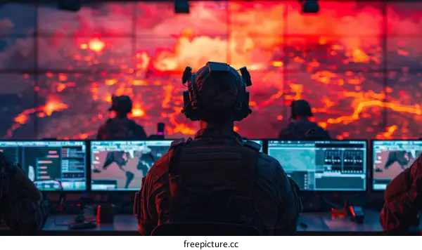 Soldiers monitoring volcanic eruption from military base on computer screen