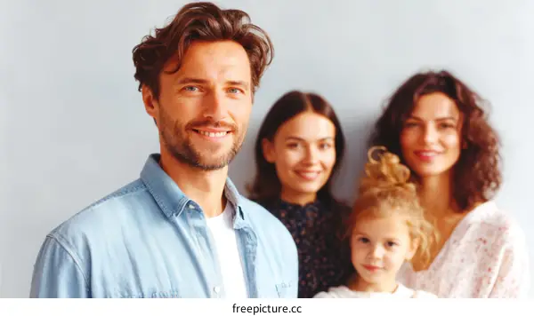 Happy Family Portrait Against Light Gray Background