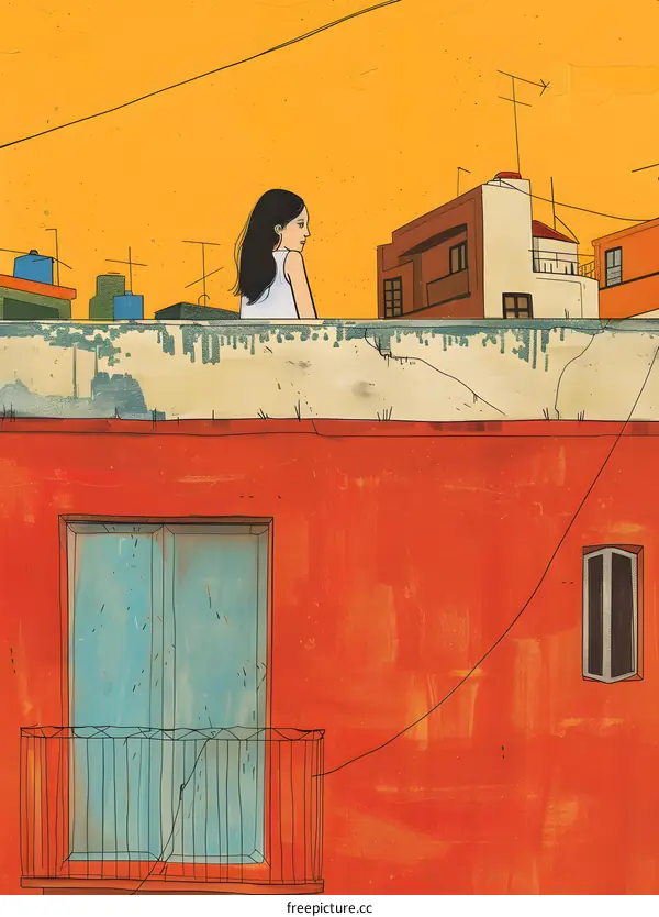 Woman Sitting on a Rooftop Looking at the City
