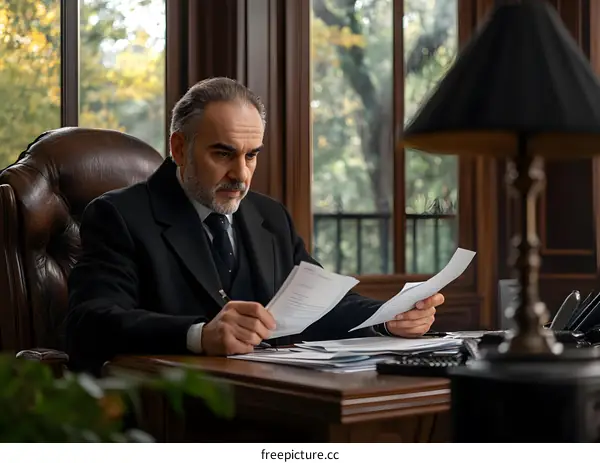 Serious Businessman Reading Documents at Office Desk