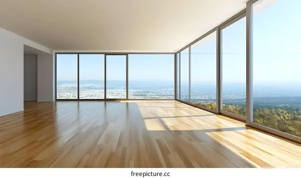 Modern Empty Room with Large Windows and City View