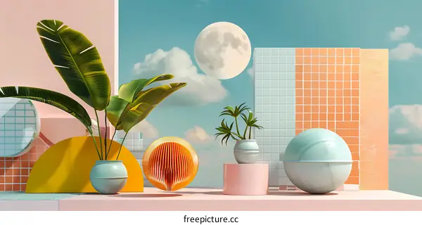 Abstract 3D Illustration with Palm Tree and Moon