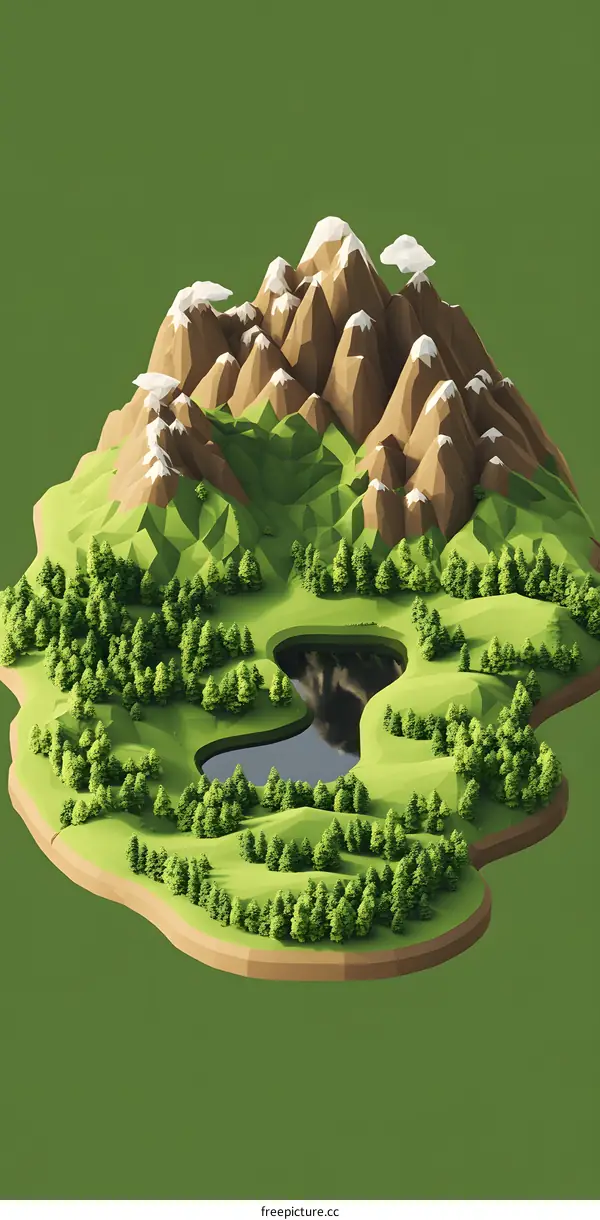 Low Poly Mountain Landscape With Forest And Lake