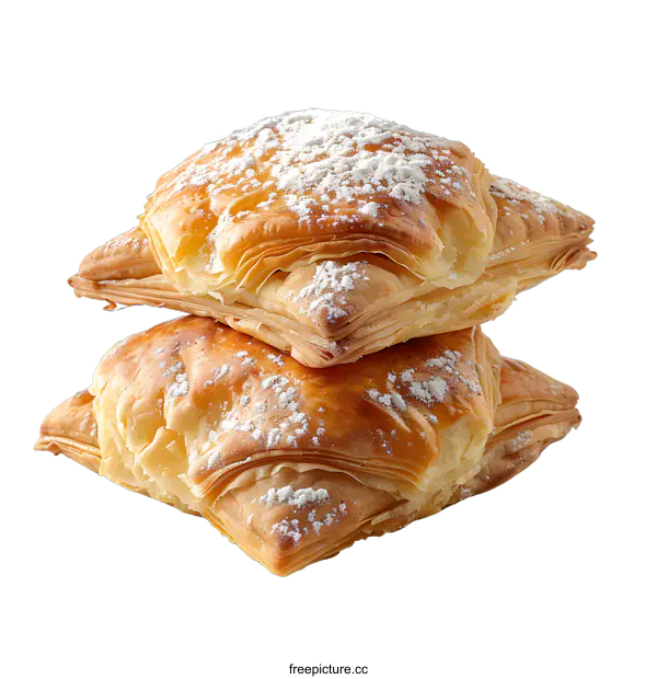 [Transparent Background PNG]Two Freshly Baked Puff Pastry Squares Dusted with Powdered Sugar