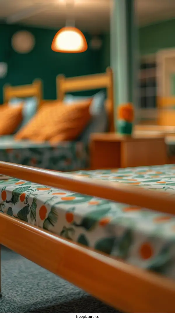 Vibrant hostel room with bunk beds and orange accents