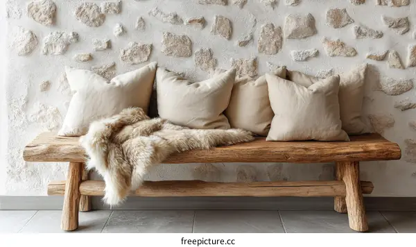 Rustic Wooden Bench with Beige Cushions and Fur Blanket