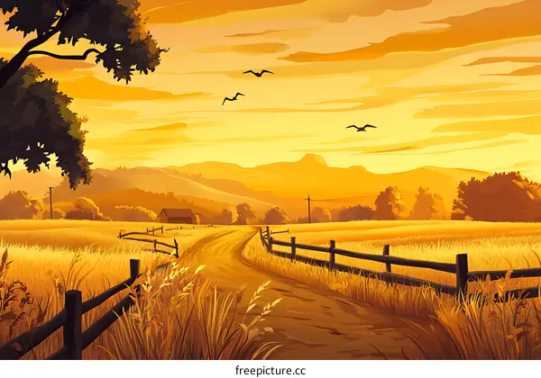 Countryside Landscape with Golden Sunset and Winding Road