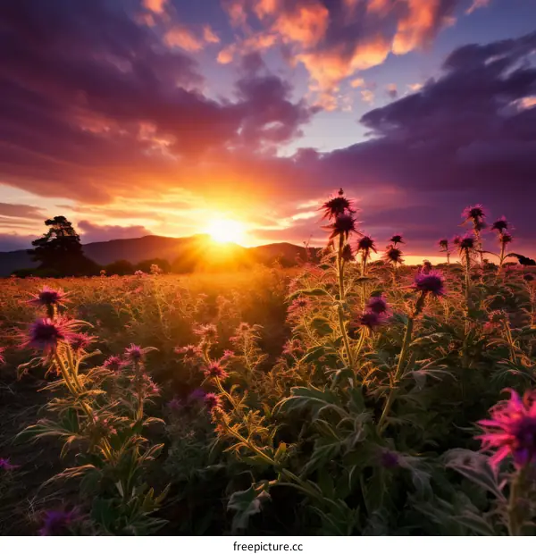 Field of purple flowers with sunset in the background