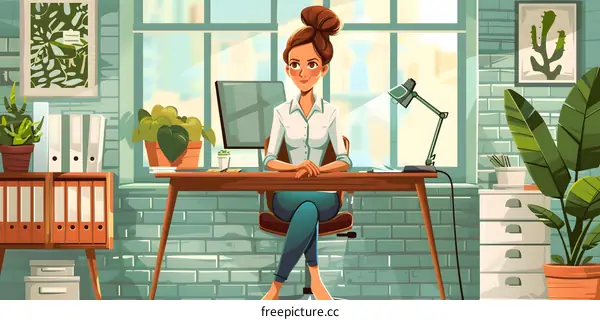 A woman is sitting at a desk in an office.