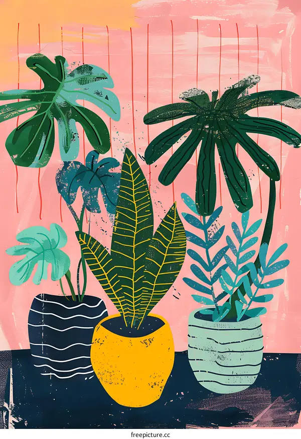 Colorful Abstract Illustration of House Plants in Pots