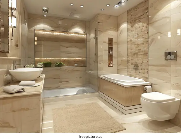 Bathroom interior with beige marble walls and tiles
