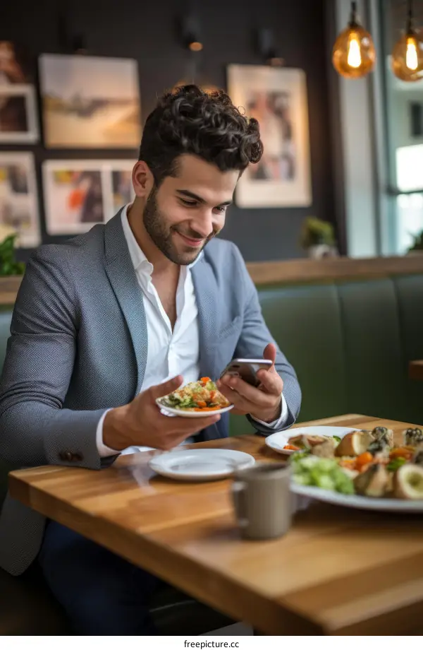 Middle Eastern man eating lunch and using phone