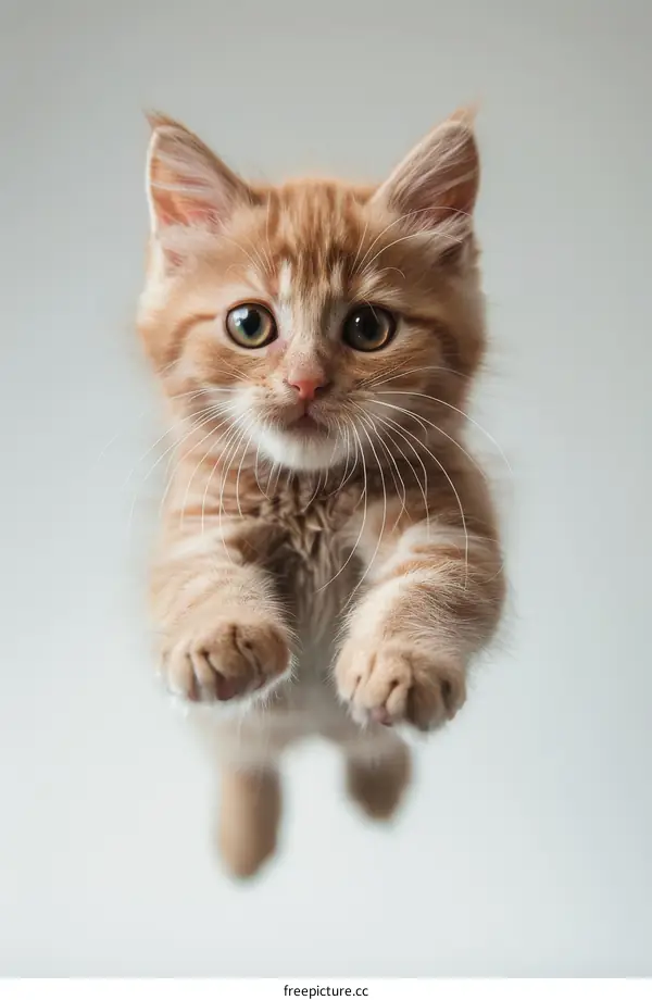 Cute ginger kitten jumping up with outstretched paws