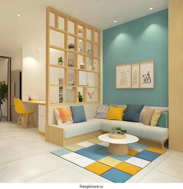 Modern Living Room Interior Design with Wooden Divider and Yellow Accents