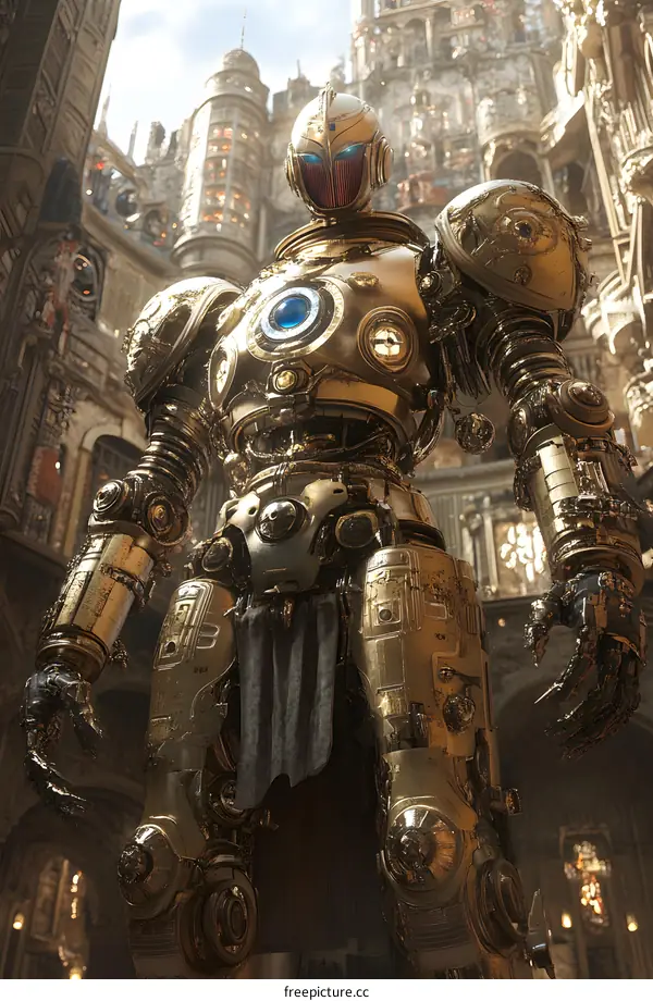 Golden Mech Robot Standing In Front of a Medieval Building