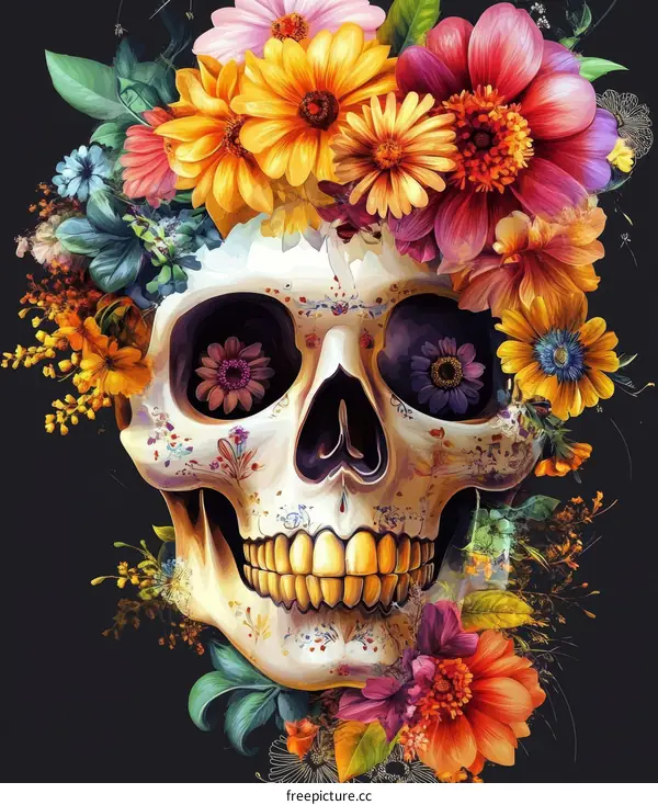 Floral Skull Illustration with Vivid Colors