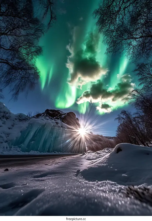 Northern Lights Display Over Snowy Landscape With Sun Shining