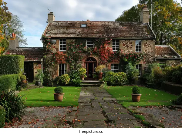 An old stone house with a garden full of flowers