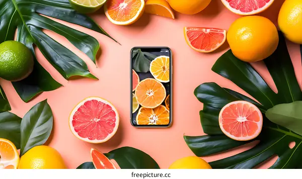 Phone Screen with Citrus Fruits and Tropical Leaves